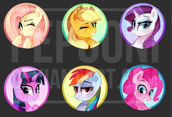 Size: 818x557 | Tagged: safe, artist:pepooni, applejack, fluttershy, pinkie pie, rainbow dash, rarity, twilight sparkle, alicorn, pony, g4, female, grin, mane six, mare, smiling, twilight sparkle (alicorn), wink