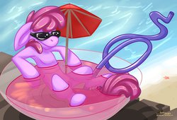 Size: 1084x737 | Tagged: safe, artist:yellowstumps, berry punch, berryshine, g4, female, punch (drink), punch bowl, solo, straw, sunglasses
