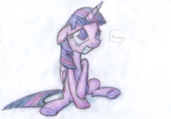 Size: 1533x1072 | Tagged: safe, artist:aemuhn, twilight sparkle, alicorn, pony, g4, colored pencil drawing, female, mare, sitting, solo, speech bubble, traditional art, twilight sparkle (alicorn), underhoof