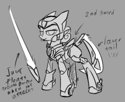 Size: 1388x1135 | Tagged: safe, artist:underpable, bon bon, sweetie drops, g4, armor, crossover, female, grayscale, mega man (series), megamare, monochrome, simple background, solo, sword