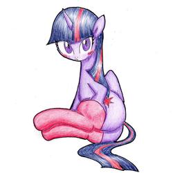Size: 800x800 | Tagged: dead source, safe, artist:unousaya, twilight sparkle, alicorn, pony, g4, butt, clothes, female, mare, plot, simple background, socks, solo, traditional art, twilight sparkle (alicorn)