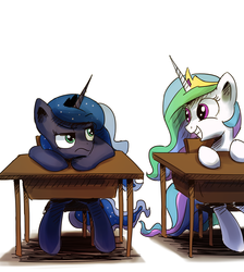 Size: 2000x2229 | Tagged: safe, artist:anticular, princess celestia, princess luna, alicorn, pony, g4, cewestia, cute, desk, duo, duo female, female, filly, frown, grin, high res, raised eyebrow, smiling, squee, unamused, woona