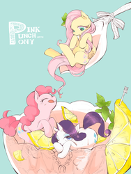 Size: 1000x1333 | Tagged: safe, artist:wan, fluttershy, pinkie pie, rarity, earth pony, pegasus, pony, unicorn, g4, alliteration, cup, cup of pony, cute, diapinkes, drink, eyes closed, female, folded wings, lemon, licking, licking lips, light blue background, mare, micro, one eye closed, pixiv, ponies in food, punch (drink), punch bowl, raribetes, shyabetes, simple background, tongue out, trio, trio female, twilight scepter, wings