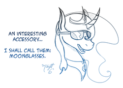 Size: 1000x714 | Tagged: safe, artist:midnightsix3, princess luna, lunadoodle, g4, curved horn, female, horn, monochrome, solo, sunglasses