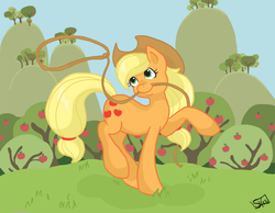 Size: 803x622 | Tagged: safe, artist:veritasket, applejack, g4, female, lasso, mouth hold, orchard, raised hoof, rope, solo
