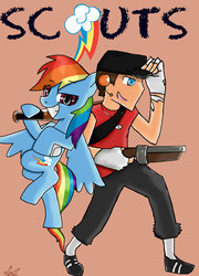 Size: 758x1053 | Tagged: artist needed, safe, rainbow dash, human, pegasus, pony, g4, female, gun, male, mare, scout (tf2), team fortress 2, weapon