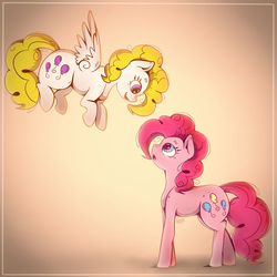 Size: 2000x2000 | Tagged: safe, artist:evehly, pinkie pie, surprise, g1, g4, eye contact, g1 to g4, generation leap, high res, simple background, smiling