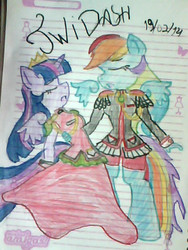 Size: 480x640 | Tagged: safe, artist:tayna1994, rainbow dash, twilight sparkle, anthro, g4, female, lesbian, lined paper, revolutionary girl utena, ship:twidash, shipping, traditional art, twilight sparkle (alicorn)