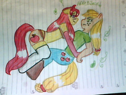 Size: 640x480 | Tagged: safe, artist:tayna1994, applejack, oc, anthro, g4, female, lesbian, lined paper, traditional art