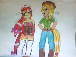 Size: 640x480 | Tagged: safe, artist:tayna1994, applejack, oc, anthro, g4, apple, traditional art