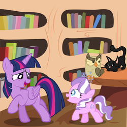 Size: 1950x1950 | Tagged: safe, artist:magerblutooth, diamond tiara, owlowiscious, twilight sparkle, oc, oc:dazzle, alicorn, cat, pony, g4, female, mare, twilight sparkle (alicorn)