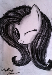 Size: 1977x2867 | Tagged: safe, artist:djchaoss, fluttershy, g4, bust, female, looking at you, monochrome, smiling, solo, traditional art, wink