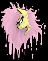 Size: 2200x2800 | Tagged: safe, artist:greyscaleart, fluttershy, pony, g4, black background, bust, female, high res, lidded eyes, looking away, looking down, mare, melting, portrait, profile, simple background, solo, splat, spread out hair