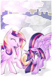 Size: 1024x1511 | Tagged: safe, artist:kaji-tanii, princess cadance, twilight sparkle, alicorn, pony, g4, cloud, cloudy, duo, female, flying lesson, laughing, mare, sisters-in-law, twilight sparkle (alicorn)