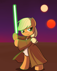 Size: 2000x2500 | Tagged: safe, artist:drawponies, applejack, earth pony, pony, g4, bipedal, crossover, female, hatless, high res, jedi, lightsaber, missing accessory, solo, star wars, tatooine