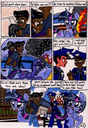Size: 742x1076 | Tagged: safe, artist:newyorkx3, twilight sparkle, alicorn, human, pony, comic:twilight and the big city, g4, car, comic, female, fire, force field, ford, ford crown victoria, glowing horn, horn, magic, mare, police, police car, police officer, traditional art, twilight sparkle (alicorn)