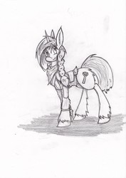 Size: 1280x1806 | Tagged: safe, artist:zubias, oc, oc only, oc:sierra scorch, fallout equestria, monochrome, solo, stablequest, traditional art