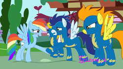 Size: 1024x576 | Tagged: dead source, safe, artist:gizemyorganci, rainbow dash, soarin', spitfire, surprise (g4), pegasus, pony, g4, blush sticker, blushing, eyes closed, female, jealous, male, mare, open mouth, open smile, outdoors, ship:soarindash, shipping, smiling, spitfire is not amused, spread wings, stallion, straight, tail, unamused, wings, wonderbolts uniform