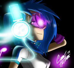 Size: 764x701 | Tagged: safe, artist:ceehoff, dj pon-3, vinyl scratch, equestria girls, g4, black background, female, glowing, headphones, human coloration, signature, simple background, solo