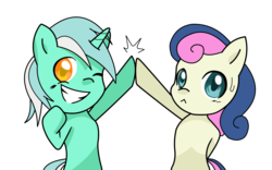 Size: 4000x2500 | Tagged: safe, artist:thegarry-d, artist:theunununium, bon bon, lyra heartstrings, sweetie drops, earth pony, pony, unicorn, g4, collaboration, female, hoofbump, mare, simple background, transparent background