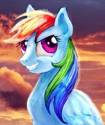 Size: 504x600 | Tagged: safe, artist:gingerfoxy, rainbow dash, pegasus, pony, g4, cloud, evil smile, female, grin, mare, portrait, sky, smiling, solo