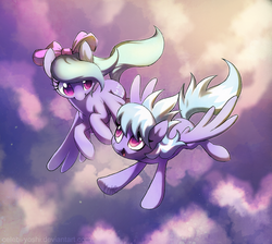 Size: 1246x1116 | Tagged: safe, artist:dawnfire, cloudchaser, flitter, pony, g4, bow, cloud, cloudy, colored pupils, eye contact, flying, hair bow, happy, spread wings