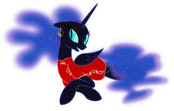 Size: 4676x3000 | Tagged: safe, artist:up1ter, nightmare moon, g4, alternate hairstyle, clothes, earring, eyeshadow, female, floppy ears, grin, high res, looking at you, prone, simple background, smiling, solo, stupid sexy nightmare moon, transparent background, vector