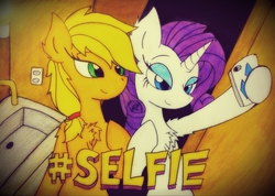 Size: 2076x1478 | Tagged: safe, artist:canvymamamoo, applejack, rarity, earth pony, pony, unicorn, g4, bipedal, cellphone, chest fluff, hashtag, phone, selfie, the chainsmokers