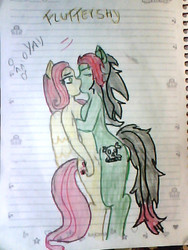 Size: 480x640 | Tagged: safe, artist:tayna1994, fluttershy, oc, g4, canon x oc, female, kissing, lesbian, lined paper, traditional art