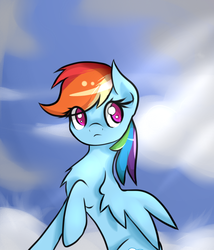 Size: 720x840 | Tagged: safe, artist:novabytes, rainbow dash, pegasus, pony, g4, chest fluff, cloud, crepuscular rays, cutie mark, female, hooves, mare, on a cloud, raised hoof, sitting, sitting on a cloud, sky, solo, spread wings, wings