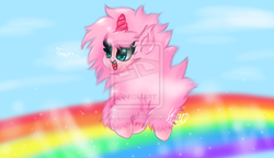 Size: 1024x589 | Tagged: safe, artist:foxyanimegirl, oc, oc only, oc:fluffle puff, pony, pink fluffy unicorns dancing on rainbows, deviantart watermark, female, obtrusive watermark, rainbow, solo, watermark