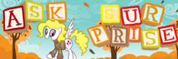 Size: 900x302 | Tagged: safe, surprise, pegasus, pony, ask surprise, g1, alphabet blocks, ask, autumn, banner, clothes, falling leaves, female, leaves, mare, open mouth, open smile, outdoors, smiling, solo, spread wings, sweater, text, tumblr, wings