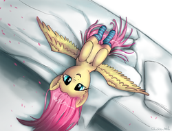 Size: 2620x2000 | Tagged: safe, artist:chickentech, fluttershy, g4, bed, clothes, female, high res, morning ponies, socks, solo, striped socks, upside down