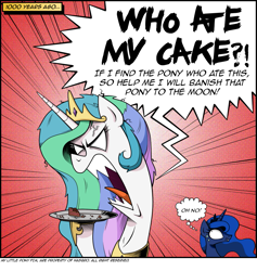 Size: 995x1050 | Tagged: safe, artist:php104, princess celestia, princess luna, alicorn, pony, g4, angry, cake, cakelestia, gritted teeth, messy mane, monochrome, nervous, open mouth, rage, sharp teeth, sweat, this will end in tears, this will end in tears and/or a journey to the moon, thought bubble, wide eyes, yelling