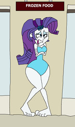Size: 955x1621 | Tagged: safe, artist:hunterxcolleen, rarity, equestria girls, g4, barefoot, clothes, cold, feet, female, freezing, freezing fetish, frozen, humanized, one-piece swimsuit, shivering, solo, store, supermarket, swimsuit, wide hips