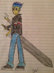 Size: 2224x3029 | Tagged: safe, artist:silent_witness, flash sentry, equestria girls, g4, fanfic art, high res, humanized, lined paper, magic, male, solo, sword, terrible, traditional art