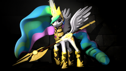 Size: 2120x1192 | Tagged: safe, artist:longsword97, princess celestia, fall of the crystal empire, g4, 3d, armor, female, halberd, magic, raised hoof, solo, spear, warrior celestia, weapon