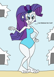 Size: 955x1361 | Tagged: safe, artist:hunterxcolleen, rarity, equestria girls, g4, barefoot, beach, cameras, clothes, feet, female, humanized, one-piece swimsuit, pose, solo, swimsuit, talking, wide hips