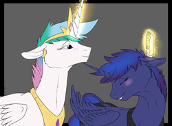 Size: 1280x937 | Tagged: safe, artist:backlash91, princess celestia, princess luna, alicorn, pony, g4, alternate hairstyle, blushing, eyes closed, floppy ears, grin, magic, shaver, shaving, short hair, short mane, smiling, telekinesis