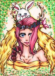 Size: 748x1024 | Tagged: safe, artist:cute-chibimonsterz, angel bunny, fluttershy, human, g4, antlers, eared humanization, floral head wreath, horn, horned humanization, humanized, winged humanization