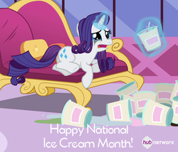 Size: 546x467 | Tagged: safe, edit, rarity, g4, inspiration manifestation, cartoon physics, comfort eating, crying, digestion without weight gain, fainting couch, female, hammerspace, hammerspace belly, hub logo, ice cream, magic, makeup, marshmallow icecream, marshmelodrama, mascarity, national ice cream month, running makeup, solo, stuffing