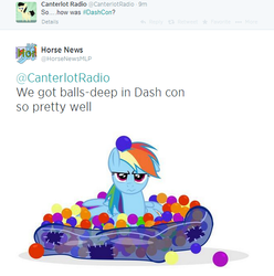 Size: 568x572 | Tagged: safe, artist:pixelkitties, rainbow dash, g4, ball pit, dashcon, drama, female, horse news, solo, text, twitter