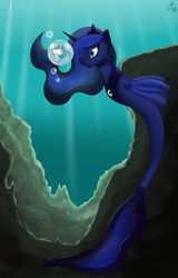 Size: 1228x1920 | Tagged: safe, artist:iraincloud, princess celestia, princess luna, sea pony, lunadoodle, g4, bedroom eyes, blob, blob ponies, bubble, smiling, species swap, underwater