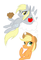 Size: 347x504 | Tagged: safe, artist:kasun05, applejack, derpy hooves, pegasus, pony, g4, apple, female, mare, muffin, thought bubble
