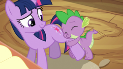 Size: 1280x720 | Tagged: safe, screencap, spike, twilight sparkle, dragon, pony, unicorn, g4, spike at your service, affection, cropped, cute, duo, eyes closed, female, hug, leg hug, male, mare, palindrome get, unicorn twilight