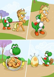 Size: 900x1273 | Tagged: safe, artist:donutwish, applejack, earth pony, pony, yoshi, g4, belly, bipedal, comic, crossover, egg, emanata, female, fetish, imminent vore, long tongue, mare, nintendo, preyjack, super mario bros., tongue out, vore, vored into an egg, x-ray, yoshi egg