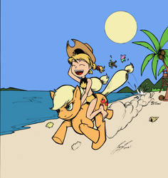 Size: 869x920 | Tagged: safe, artist:asrialfeeple, color edit, applejack, human, g4, accessory swap, beach, clothes, colored, crossover, feet, human on top, humans riding ponies, katie power, male, marvel, patrick star, power pack, riding, running, spongebob squarepants, swimsuit