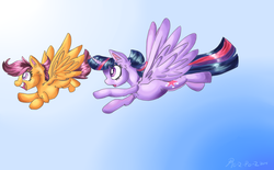 Size: 1600x995 | Tagged: safe, artist:ro-z-po-z, scootaloo, twilight sparkle, alicorn, pony, g4, female, flying, happy, mare, race, scootaloo can fly, sky, surprised, twilight sparkle (alicorn)