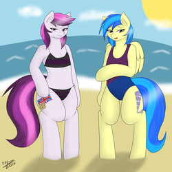 Size: 4000x4000 | Tagged: safe, artist:ensayne, oc, oc only, oc:silvia windmane, oc:tyrian delirium, pegasus, semi-anthro, beach, bikini, clothes, duo, female, one-piece swimsuit, pegasus oc, swimsuit