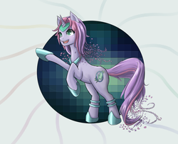 Size: 1024x832 | Tagged: safe, artist:novaquinmat, oc, oc only, oc:pixebina, pony, unicorn, female, horn, long tail, mlp cooler, solo, unicorn oc